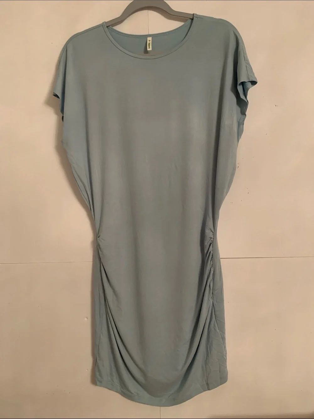 HALARA Light Blue Ruched Dress with Green Logo Tag Size M